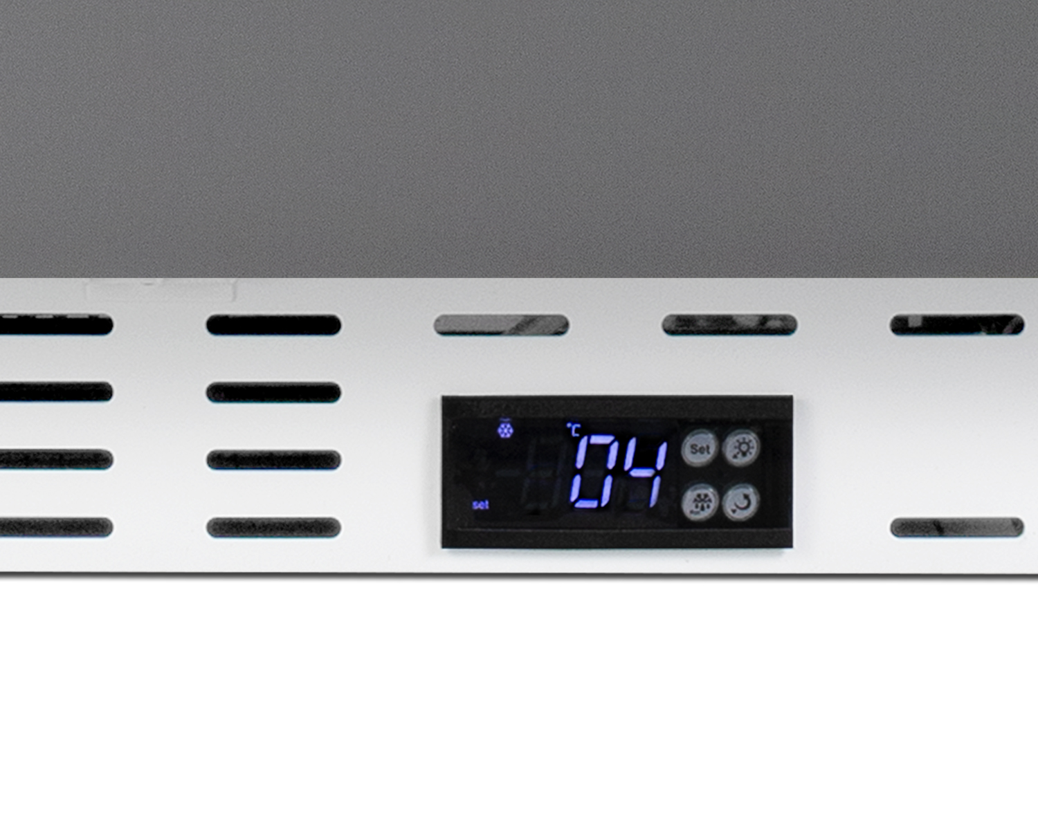 Built-in undercounter ADA compliant +2 C to +8 C all-refrigerator with white cabinet and stainless steel door, pure copper towel bar handle, lock, digital controls, wire shelving, hospital cord with 'green dot' plug, factory installed access port, and automatic defrost operation